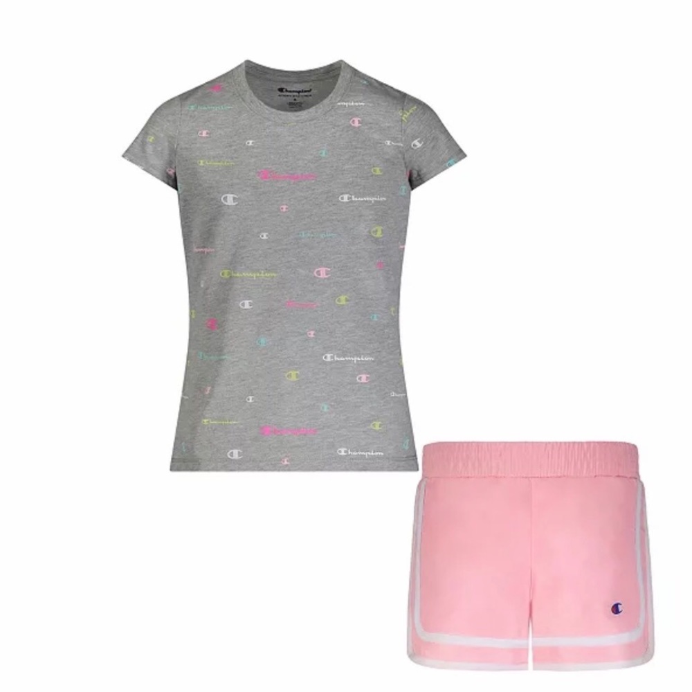 CHAMPION GIRLS’ SIZE 6X ALL OVER PRINT TEE & SHORTS, 2 PIECE SET